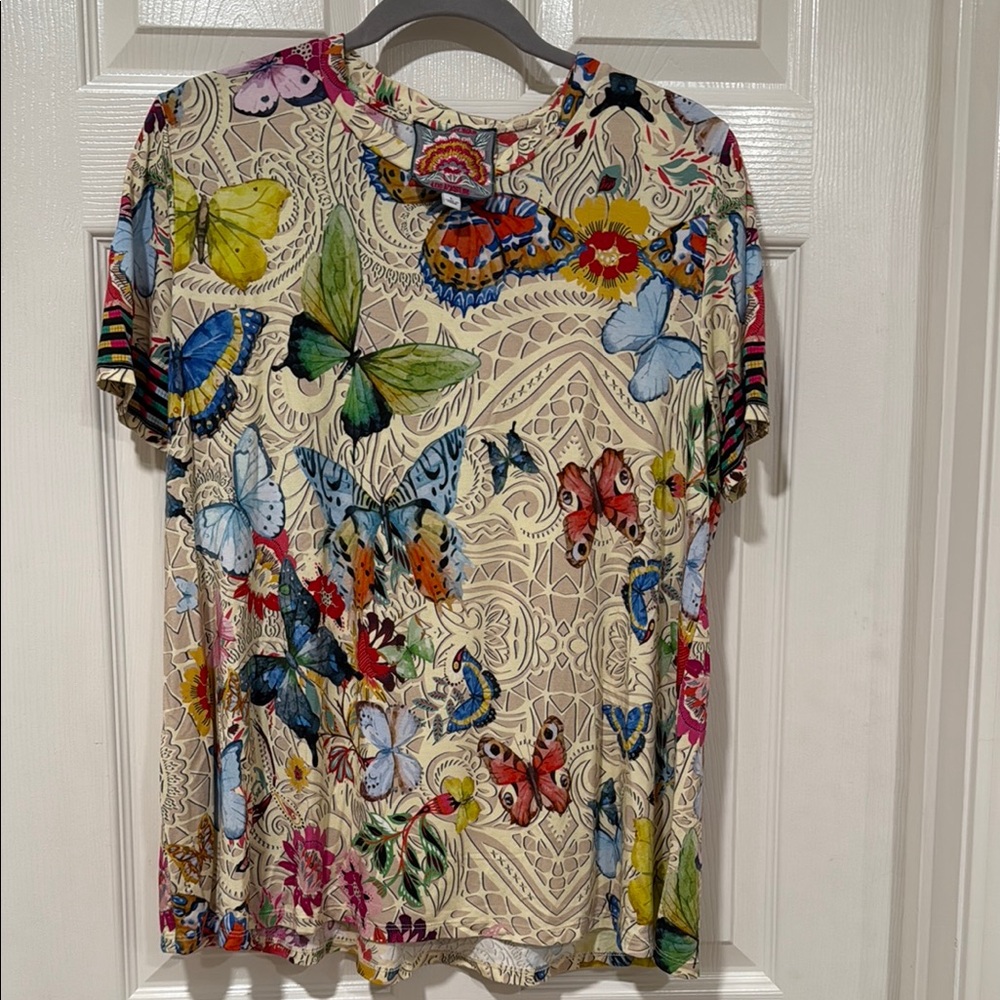 Johnny Was Cream, Yellow Colorful Graphic Butterfly Tee